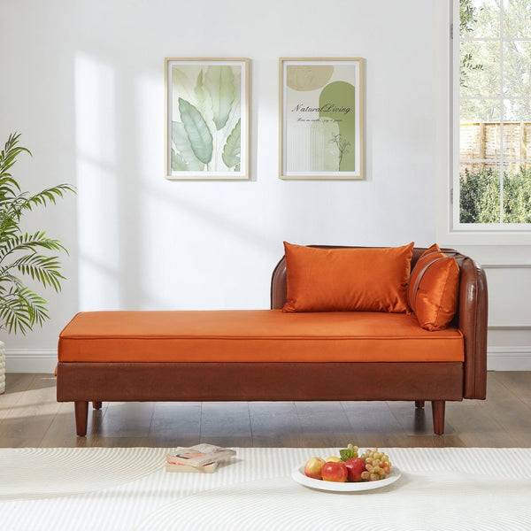 English Elm 65" Velvet Storage Chaise Lounge with Pu Leather Panels Eucalyptus Frame Accent Seat Orange+Dark Brown W1097P434116
