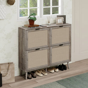 English Elm 4 Door Rattan Shoe Cabinet with Pine Legs Slim Entryway Storage Modern Style W688P173281