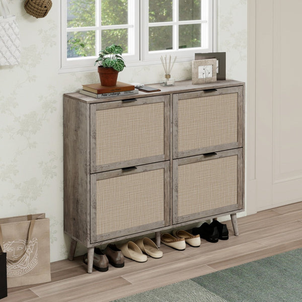 English Elm 4 Door Rattan Shoe Cabinet with Pine Legs Slim Entryway Storage Modern Style W688P173281
