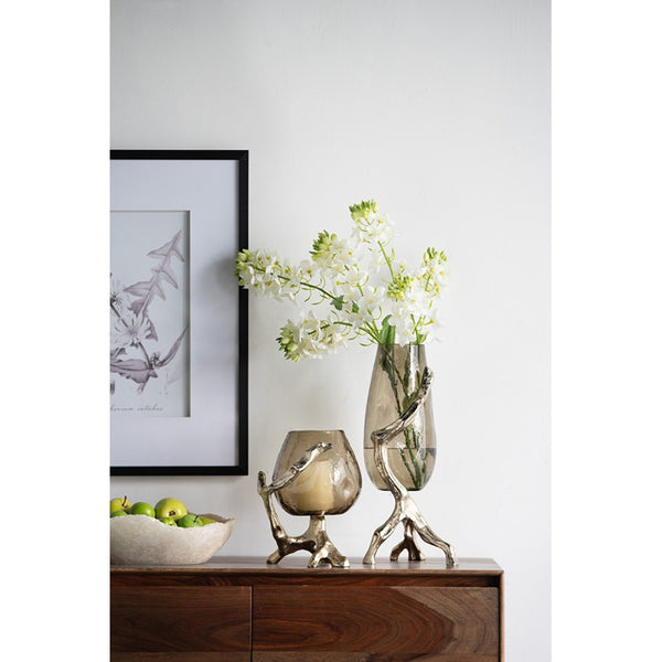 English Elm 9x7x18" Sculptural Gold Glass Vase with Splayed Aluminum Legs for Glam Interiors W2078P490402