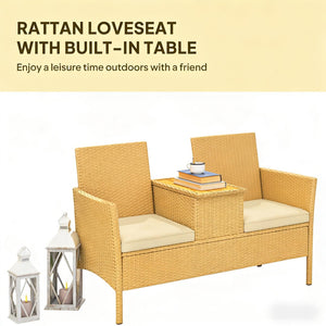 English Elm Patio Loveseat with Flip Top Acacia Table Pe Rattan Balcony Sofa Hidden Storage T3971P446177