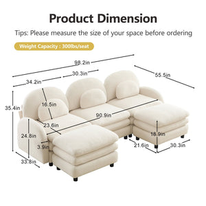 English Elm Teddy Fleece Modular Cloud Sofa Plush Three Seat Sectional with Movable Ottomans Beige White W5656S00084