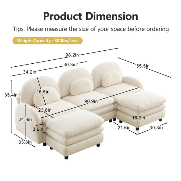 English Elm Teddy Fleece Modular Cloud Sofa Plush Three Seat Sectional with Movable Ottomans Beige White W5656S00084