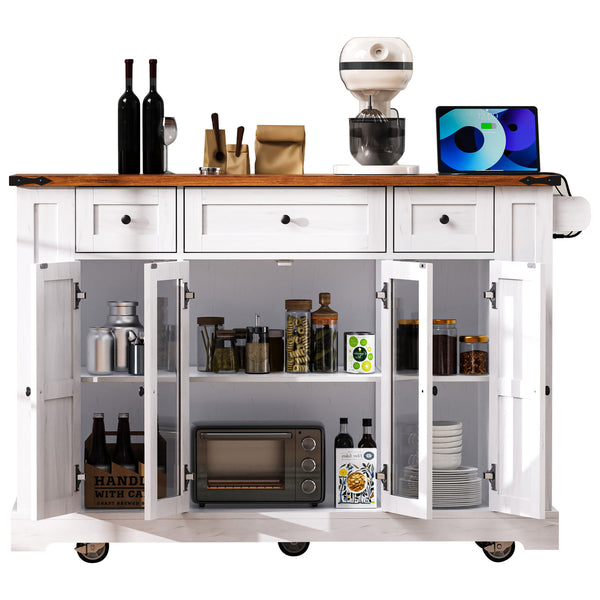 English Elm K&K 53" Farmhouse Kitchen Island with Drop Leaf, Tempered Glass Doors, Power Outlet, Rolling Cart White N707P263637W