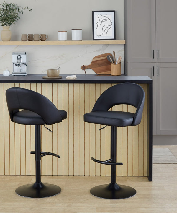 English Elm Adjustable Swivel Barstools Set of 2 Faux Leather Padded Seat Black Metal Base B202S02009