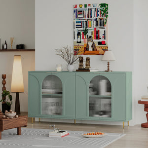 English Elm Accent Mint Green Wooden Cabinet with 4 Glass Doors, Slim 2-Tier Sideboard Buffet for Entryway & Living Room Storage W1435P170161