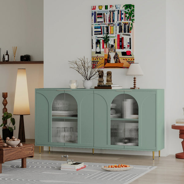 English Elm Accent Mint Green Wooden Cabinet with 4 Glass Doors, Slim 2-Tier Sideboard Buffet for Entryway & Living Room Storage W1435P170161