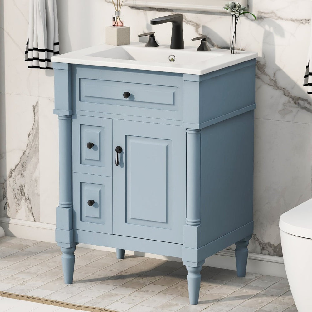 English Elm 24 Inch Freestanding Vanity with Ceramic Sink Rubberwood Frame Matte Finish Storage Blue+Grey N725P356058E