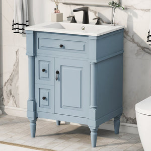 English Elm 24 Inch Freestanding Vanity with Ceramic Sink Rubberwood Frame Matte Finish Storage Blue+Grey N725P356058E