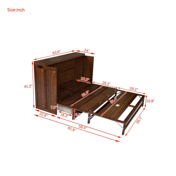 English Elm Murphy Cabinet Queen Bed Solid Pine Frame with Built-in Charging Station for Guest Rooms Walnut W504S00165