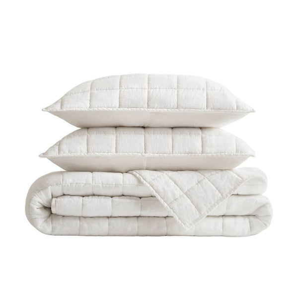 English Elm 3-piece French Linen Quilt Set Garment Washed Breathable Box Stitched Bedding White B035P408295