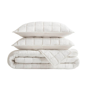 English Elm 3-piece French Linen Quilt Set King Garment Washed Box Stitch Breathable Bedding White B035P408296
