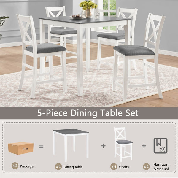 English Elm Elegant Square Acacia Wood Dining Set with Four Linen Upholstered Chairs Modern Style W1998S00104