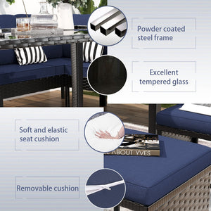 English Elm Small Space Outdoor Wicker Dining Set with Tempered Glass Table and Cushioned Seating W2071P281587