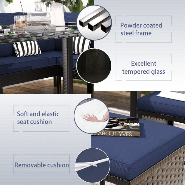 English Elm Small Space Outdoor Wicker Dining Set with Tempered Glass Table and Cushioned Seating W2071P281587