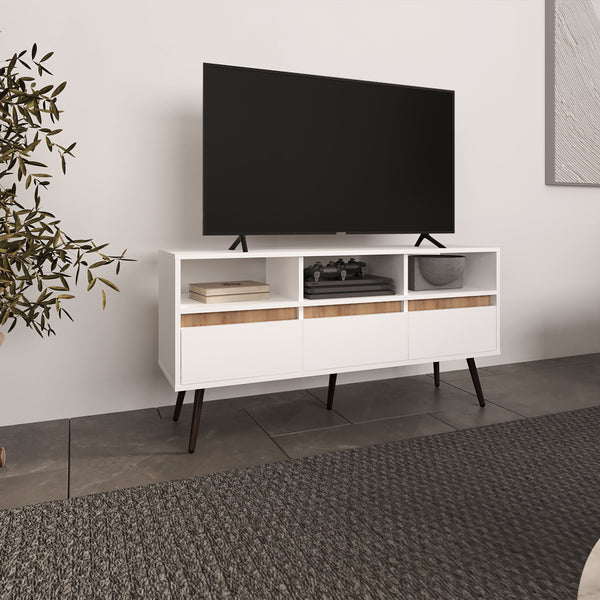 English Elm TV Engineered Wood Media Console with 3 Drawers & 3 Open Shelves, Durable Eco-Friendly Storage Solution White+Natural 52.76 L x 47.3 W x 6.3 H B097P262374