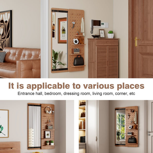 English Elm 47.6 Inch Rubberwood Wall Mirror with Sliding Panel Storage for Bedroom or Entryway W2987P438124