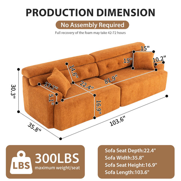 English Elm LY-029 Amber Orange Reconfigurable 4-Seater Modular Sofa with Wood-Grain Chenille, 2 Pillows, Cozy Comfort W2231S00022
