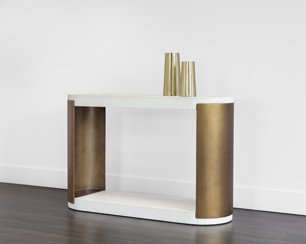 Sunpan Cavette Console Table – Opulent White Concrete with Antique Brass Frame for Indoor & Outdoor Elegance