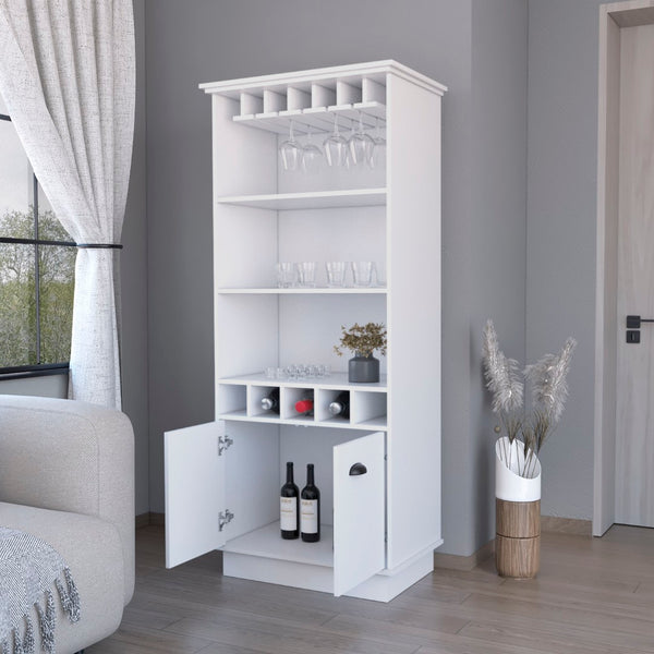 English Elm Fm Furniture Sophia White Bar Cabinet with Stemware Rack and Five Bottle Slots B128S00067