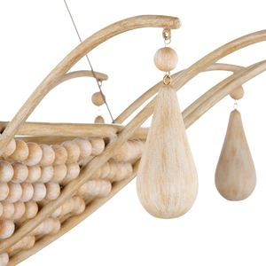 Korg Chandelier - Elegant Beige Coastal Lighting with Wooden Beads & Wrought Iron Frame, 42.25" Dia
