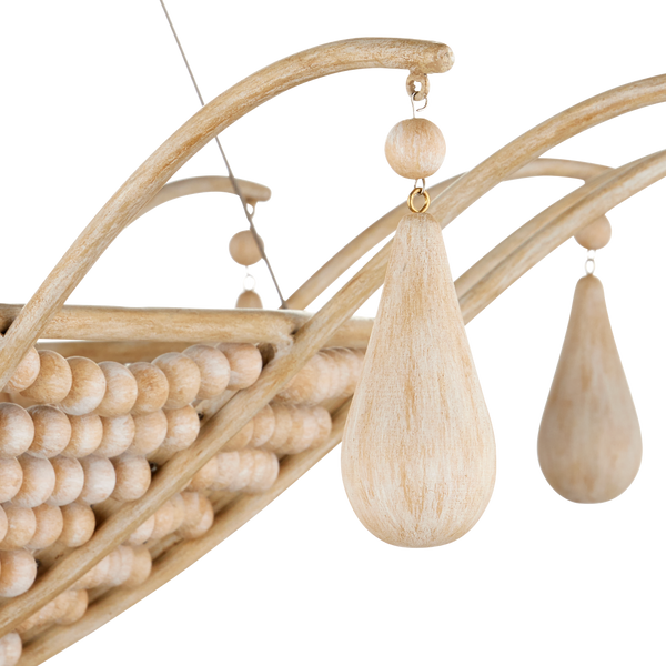 Korg Chandelier - Elegant Beige Coastal Lighting with Wooden Beads & Wrought Iron Frame, 42.25" Dia