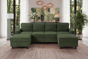 English Elm 98.8" Corduroy U-shaped Sectional with Modular Ottomans and Dense Foam for Family Rooms Green W5515S00031
