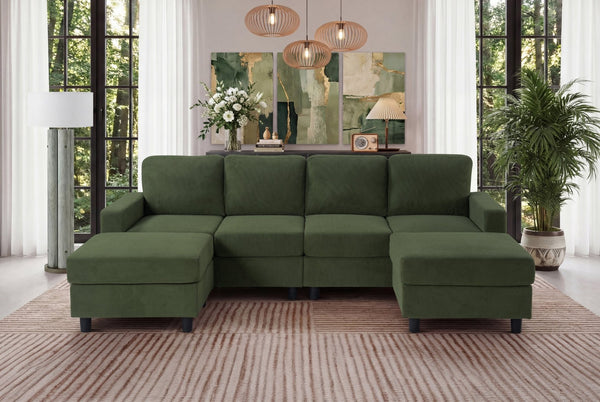 English Elm 98.8" Corduroy U-shaped Sectional with Modular Ottomans and Dense Foam for Family Rooms Green W5515S00031