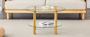 English Elm Contemporary Double Layer Tempered Glass Coffee Table 27.5" Top 23.6" Bottom Gold Legs, Modern Luxurious Design W1512P355039