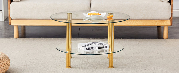 English Elm Contemporary Double Layer Tempered Glass Coffee Table 27.5" Top 23.6" Bottom Gold Legs, Modern Luxurious Design W1512P355039