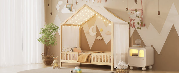 English Elm Montessori House Bed Frame Twin with Canopy & Full Guardrails, Cozy Kids Platform Bed for Toddlers Natural 81.5 L x 16 W x 6.6 H N733P356043M