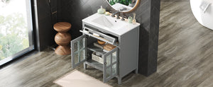 English Elm Christopher Knight Home® - 30" Bathroom Vanity with Ceramic Sink, Solid Wood Legs, Adjustable Shelf, Tip-Out Tray, Soft-Close Hinges, Silver Knobs, Moisture-Resistant Finish Gray N817P286250G