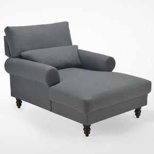 English Elm Upholstered Chaise Lounge Rolled Arms Reclining Back Foam Cushion Elegant Wood Feet Dark Grey T3623P411639