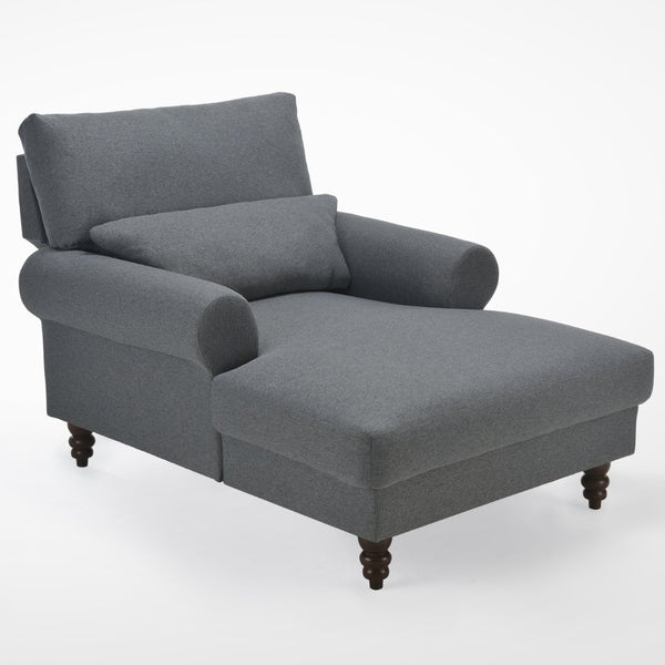 English Elm Upholstered Chaise Lounge Rolled Arms Reclining Back Foam Cushion Elegant Wood Feet Dark Grey T3623P411639