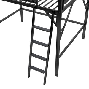 English Elm Queen Size Metal Loft Bed with Ladder and Built-In Storage Shelves, High Durable Black Frame, 400LB Capacity W2580P316650