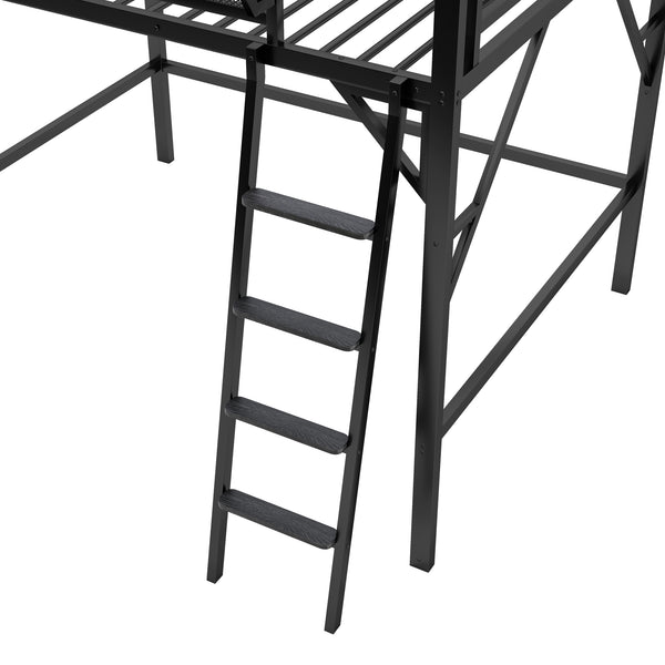 English Elm Queen Size Metal Loft Bed with Ladder and Built-In Storage Shelves, High Durable Black Frame, 400LB Capacity W2580P316650