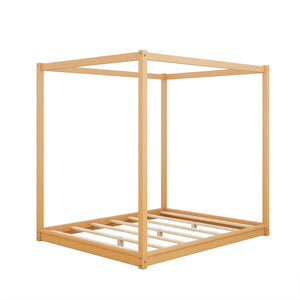 English Elm Queen Canopy Platform Bed with Sturdy Support Legs, Pine/MDF Frame, Slatted Ventilated Base, 550lb Capacity Natural WF293232AAM