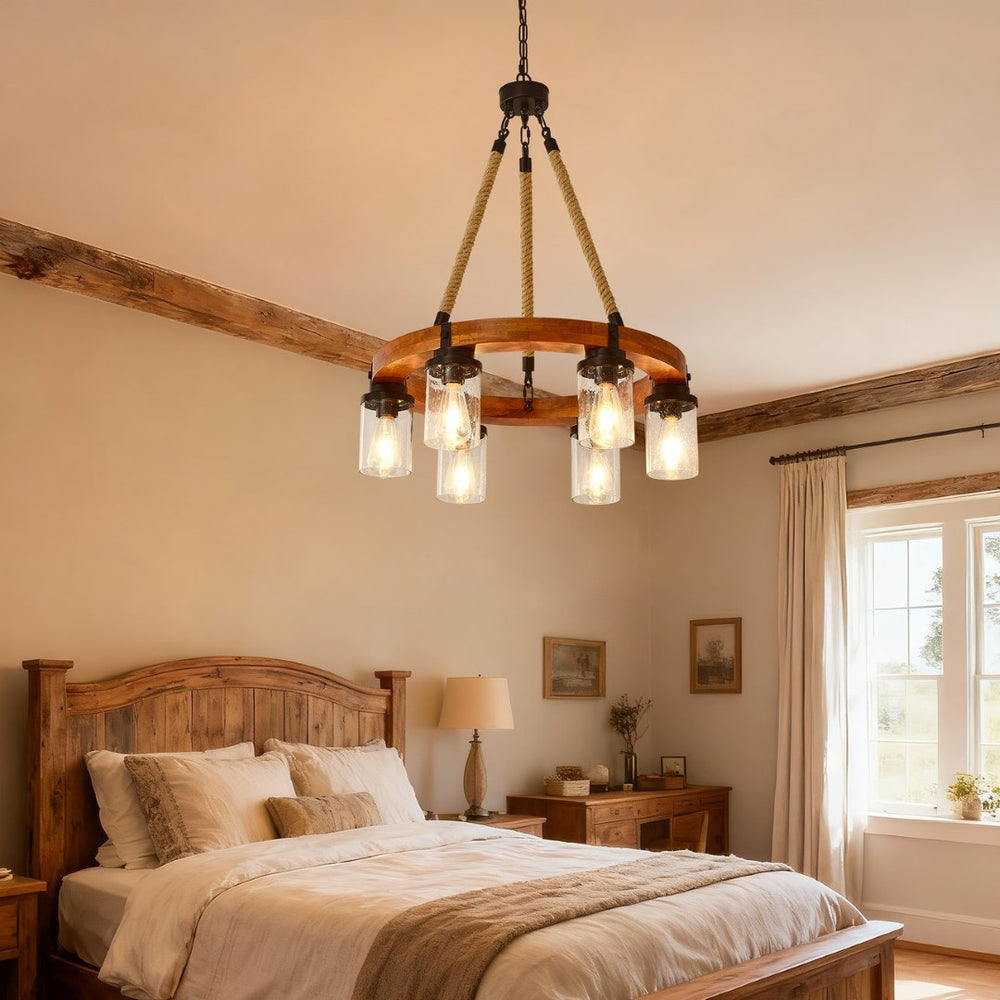 English Elm 23.62 Inch Wagon Wheel Chandelier Wood Metal Frame Seeded Glass Farmhouse Dining W5008P390657