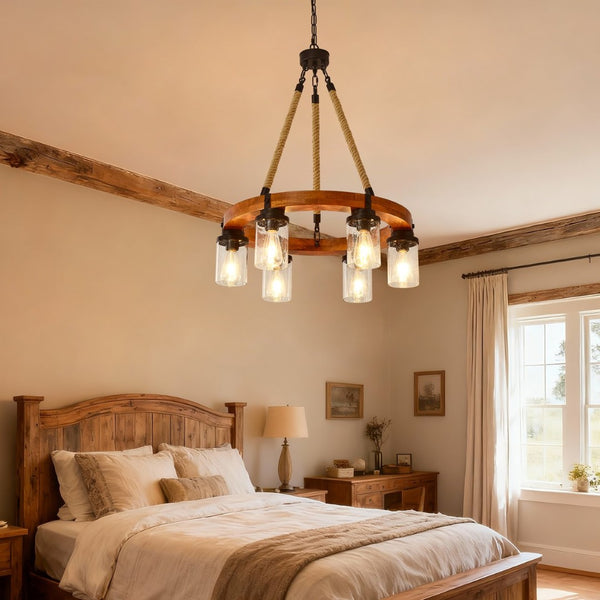 English Elm 23.62 Inch Wagon Wheel Chandelier Wood Metal Frame Seeded Glass Farmhouse Dining W5008P390657