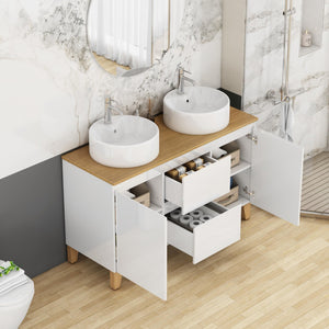 English Elm 47-inch Double Basin Bathroom Vanity Solid Wood Top Glossy White Soft Close W3151S00073