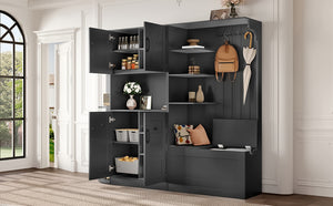 English Elm Multifunctional Modular Hall Tree Cabinet with Open Shelves and Hooks for Entryway Black W1580S00566