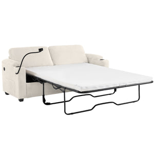 English Elm 72.8" Corduroy Sleeper Sofa Loveseat with Full Mattress, USB Charging, Cup Holders, Storage Pockets Beige N719P208880A