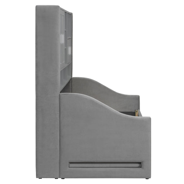 English Elm Twin Upholstered Daybed with LED Armrest Lighting, Hidden Storage Shelves & Lift-Up Pull-Out Trundle Gray SF000198AAE