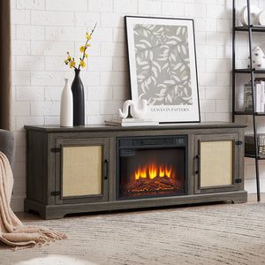 English Elm Natural Rattan TV Stand Console with Fireplace Insert, 65" Wide Entertainment Center, Adjustable Shelves, Cable Management, Boho Midcentury Blend Grey W1758S00022