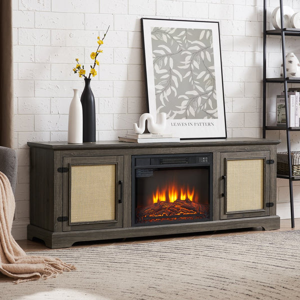 English Elm Natural Rattan TV Stand Console with Fireplace Insert, 65" Wide Entertainment Center, Adjustable Shelves, Cable Management, Boho Midcentury Blend Grey W1758S00022