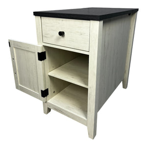 English Elm Farmhouse Nightstand with Charging Station and Barn Door Drawer — USB-C, AC Outlets, Compact Storage White+Black W1412P230408