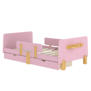 English Elm Twin Low Profile Kids Floor Bed Pine Wood Frame with Safety Rail and Built in Bookshelf W1580P373242