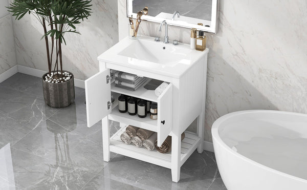 English Elm 24" Modern Sleek Bathroom Vanity with Ceramic Sink, Solid Wood Frame, Waterproof Finish and Open Shelf Storage White N725P246473K