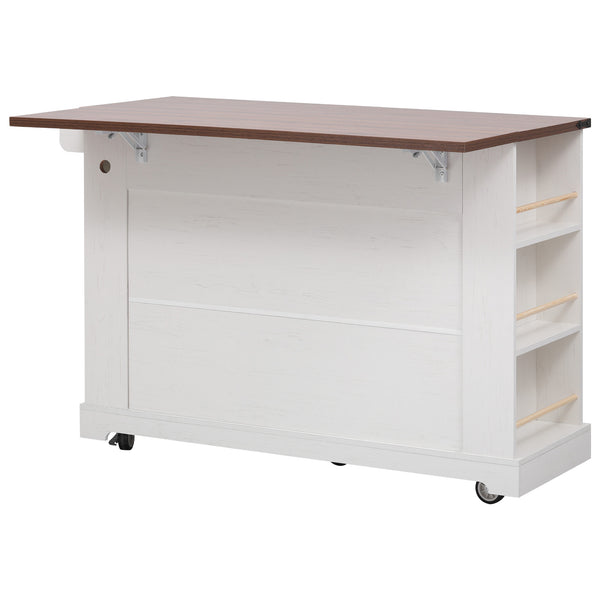 English Elm K&K 53" Farmhouse Kitchen Island with Drop Leaf, Tempered Glass Doors, Power Outlet, Rolling Cart White N707P263637W