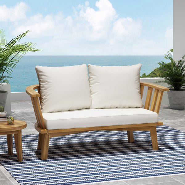 English Elm Christopher Knight Home® - Outdoor Wooden Loveseat with Teak Finish & White Water-Resistant Cushions, Acacia Frame, 2-Seat Durable Comfort (55.5" W) 70334.00WHI